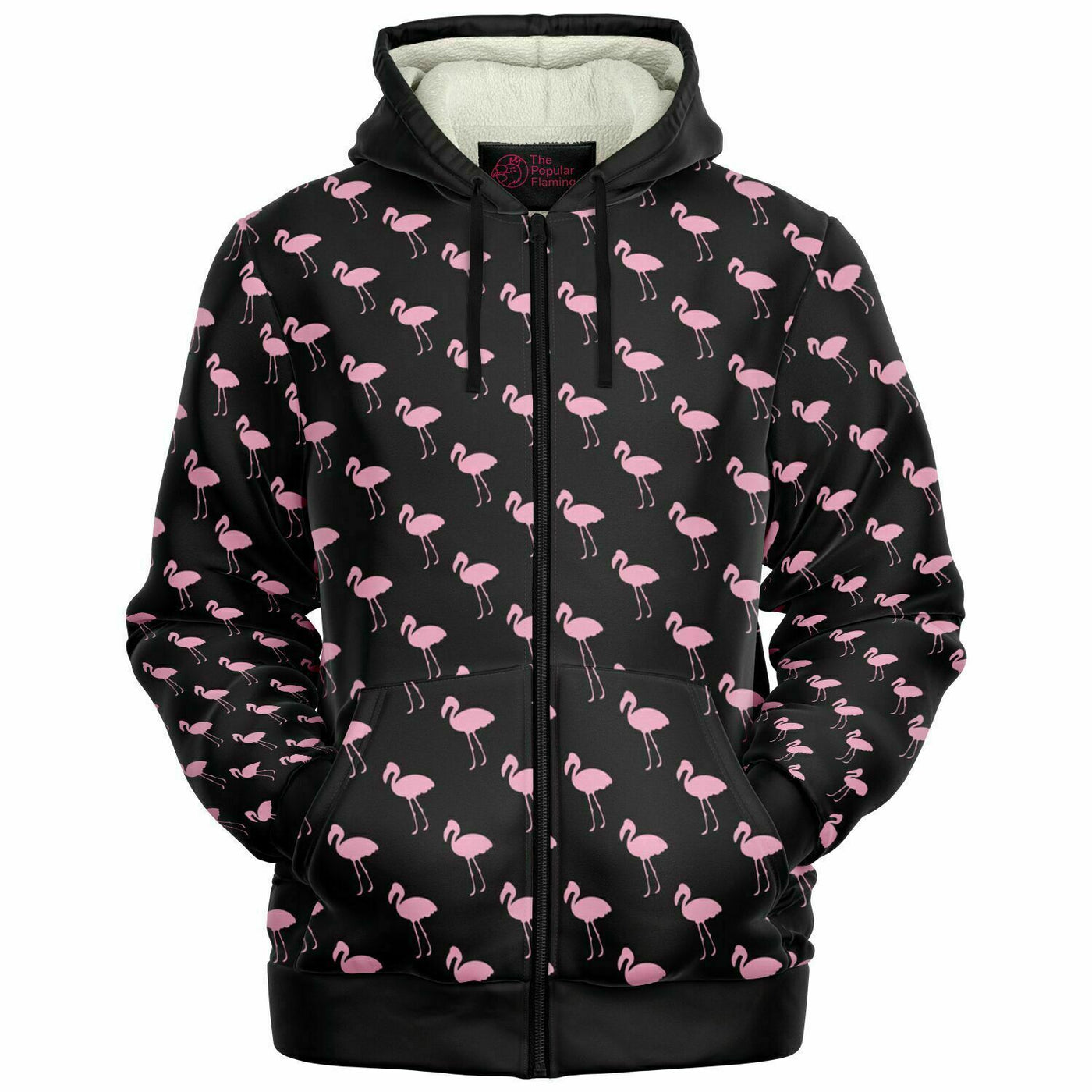 Black Classic Flamingo Zip-Up Hoodie