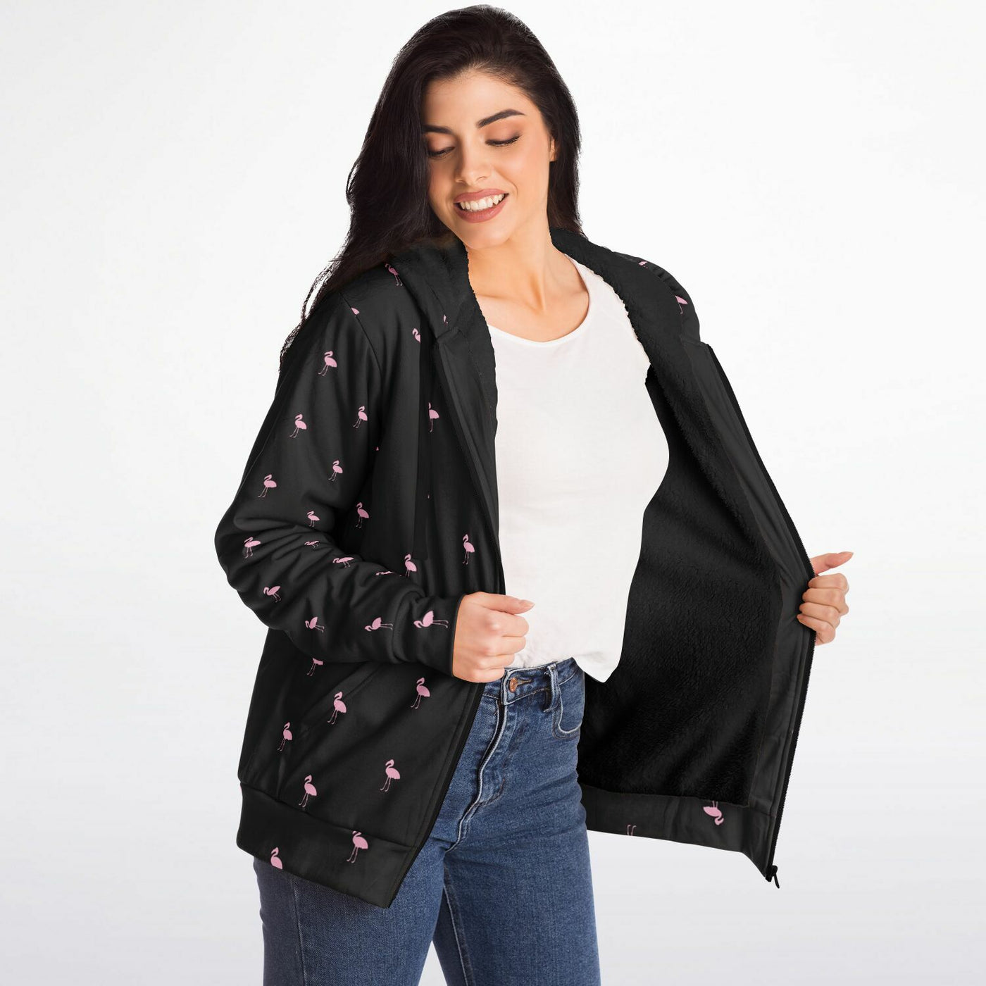 Black Classic Flamingo Zip-Up Hoodie