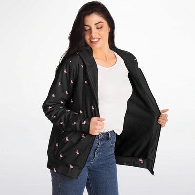 Black Classic Flamingo Zip-Up Hoodie