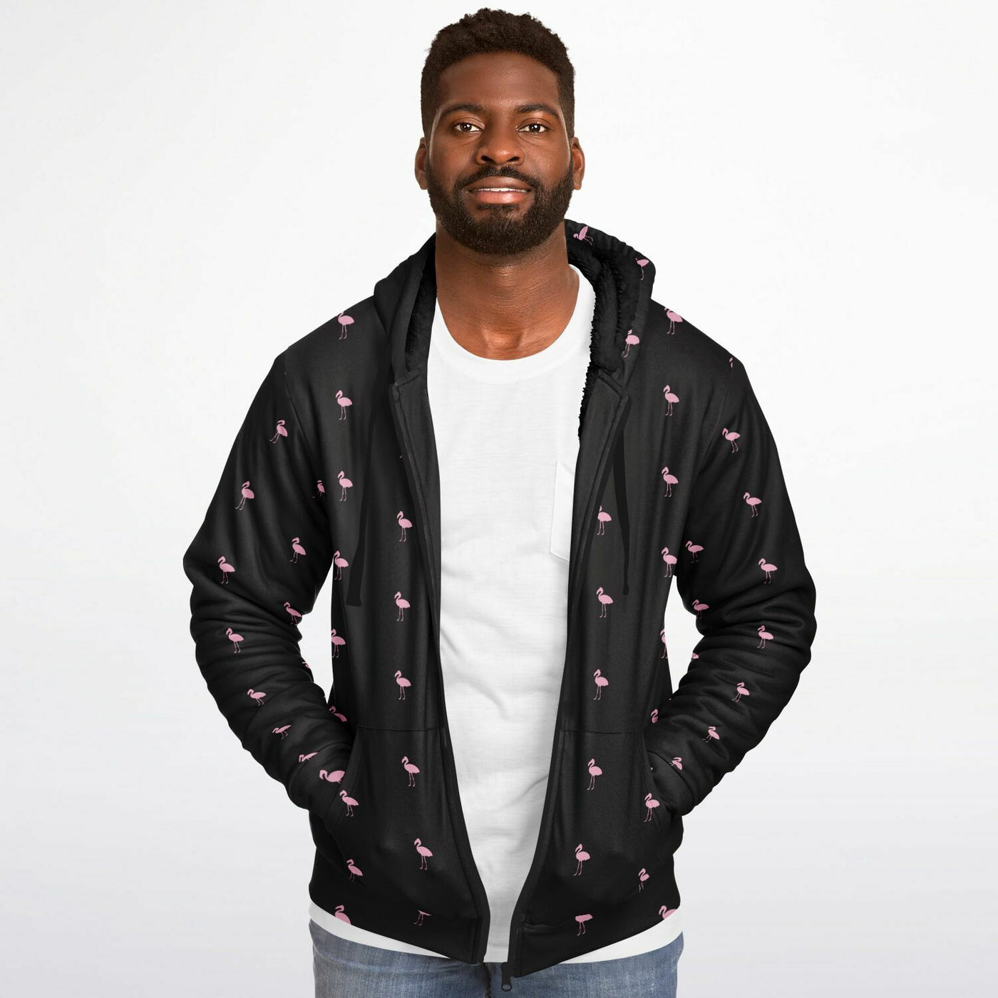 Black Classic Flamingo Zip-Up Hoodie