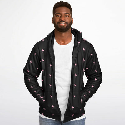 Black Classic Flamingo Zip-Up Hoodie