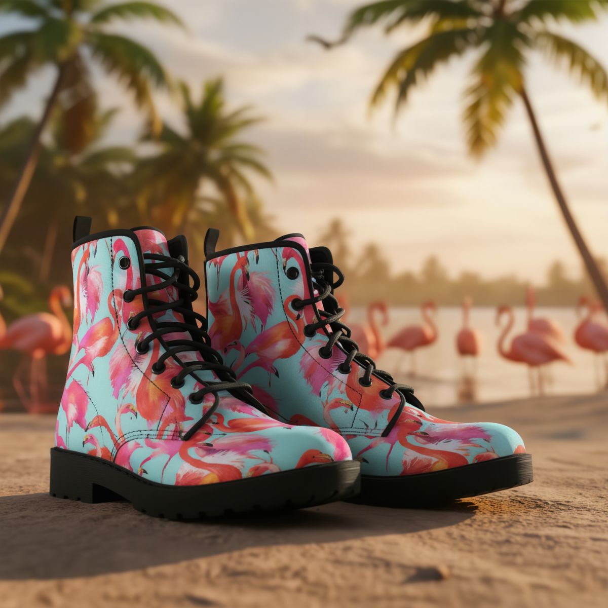 Floral patterned boots on a beach with flamingos and palm trees in the background