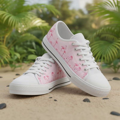 White sneakers with pink flamingo pattern on a natural background