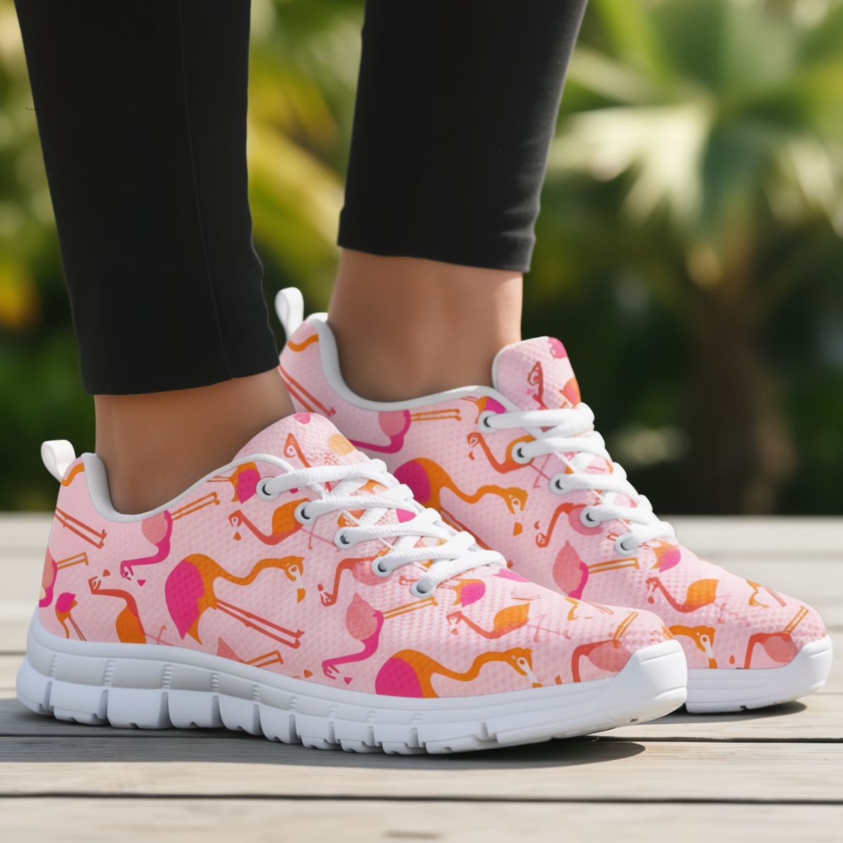 Pink sneakers with flamingo pattern worn by a person on a blurred natural background