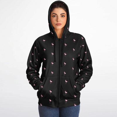 Black Classic Flamingo Zip-Up Hoodie