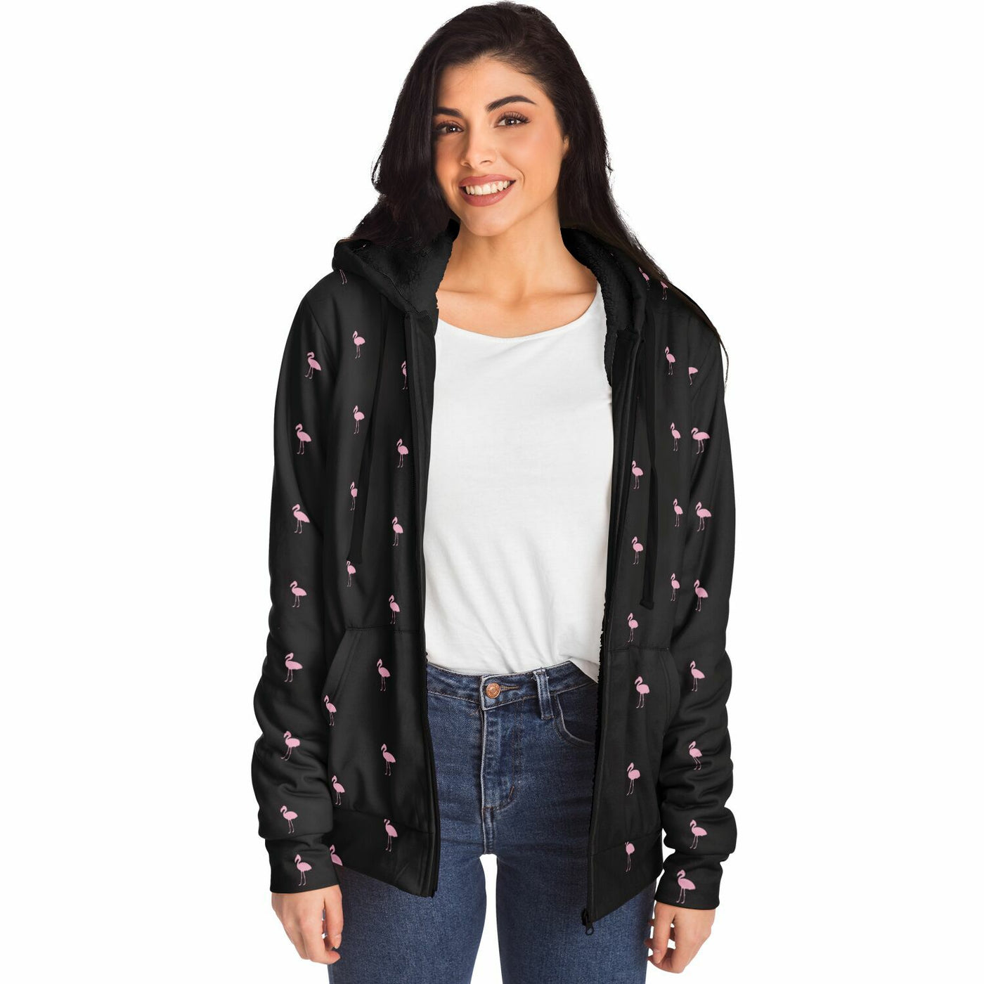 Black Classic Flamingo Zip-Up Hoodie