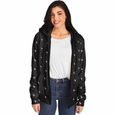 Black Classic Flamingo Zip-Up Hoodie