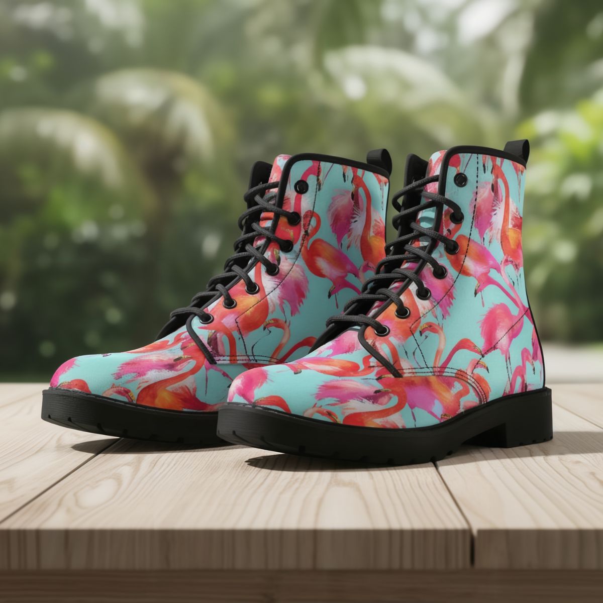 Colorful floral-patterned boots on a wooden surface with a blurred green background