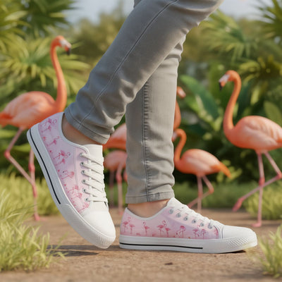 White sneakers with pink flamingo pattern worn by a person in front of flamingo statues.