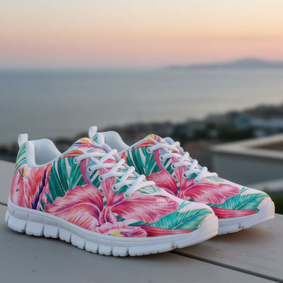Floral patterned sneakers on a wooden surface with a blurred background