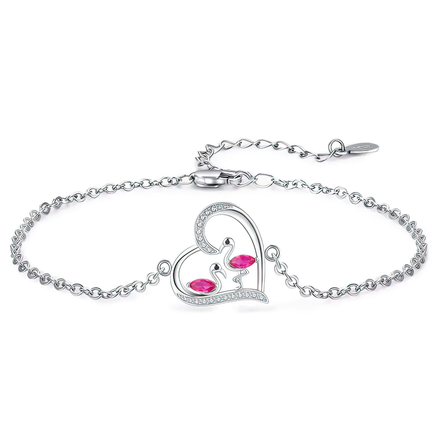 Silver flamingo bracelet with a heart-shaped clasp featuring red gemstones on a white background