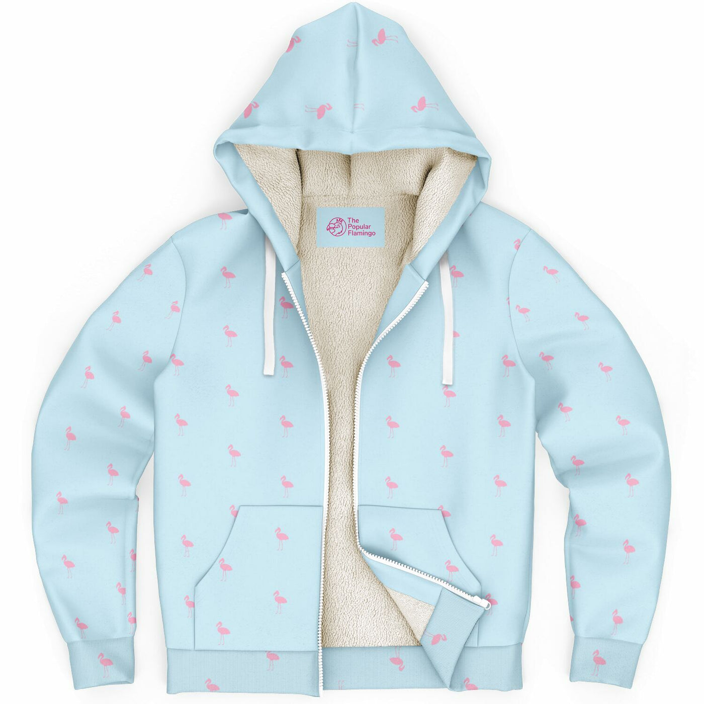 Light blue hoodie with pink flamingo pattern on a white background