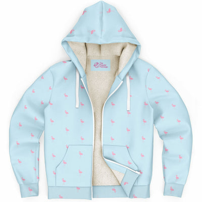 Light blue hoodie with pink flamingo pattern on a white background