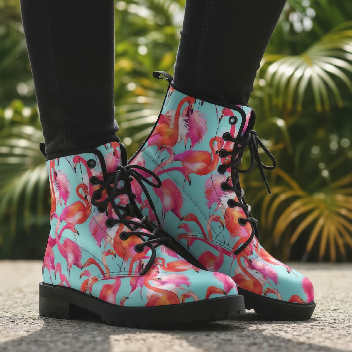 Colorful flamingo-patterned boots with black laces on a blurred green background