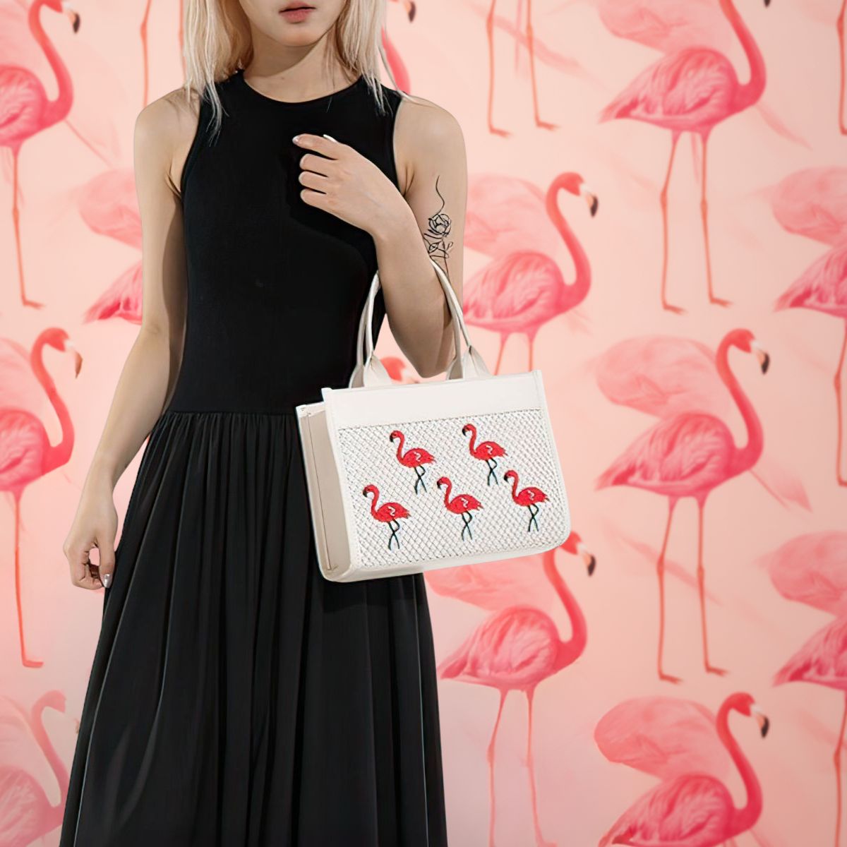 Woman holding a white handbag with flamingo design against a pink flamingo patterned background