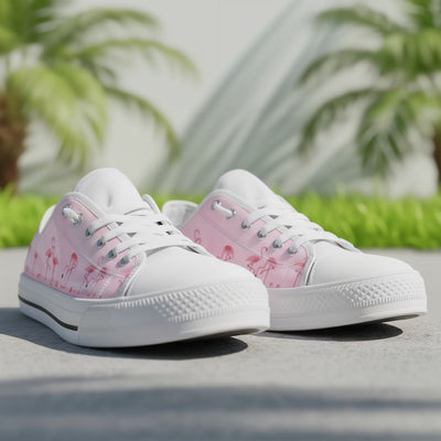 White sneakers with pink floral patterns on a concrete surface with greenery in the background