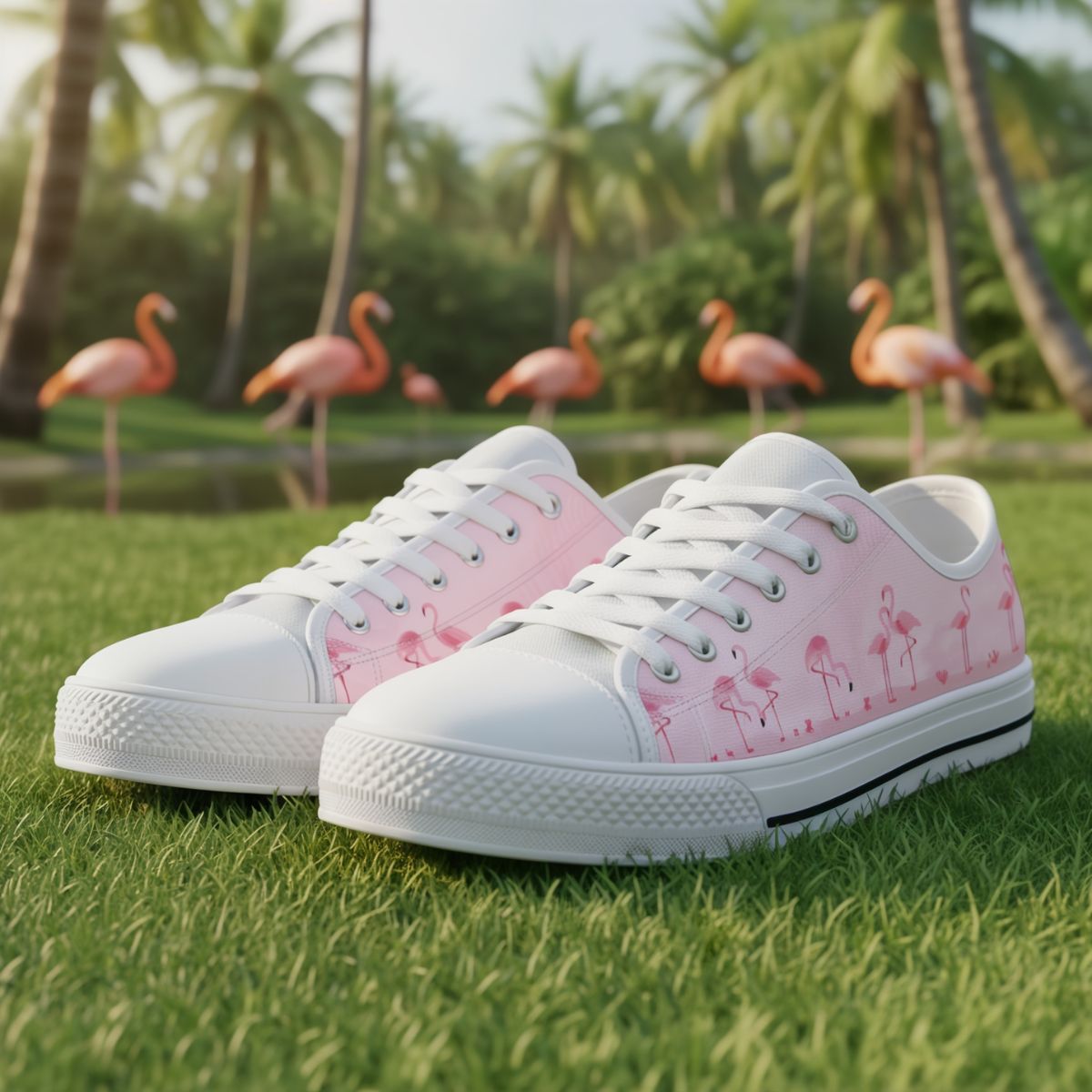 White sneakers with pink flamingo design on grass with flamingos in the background