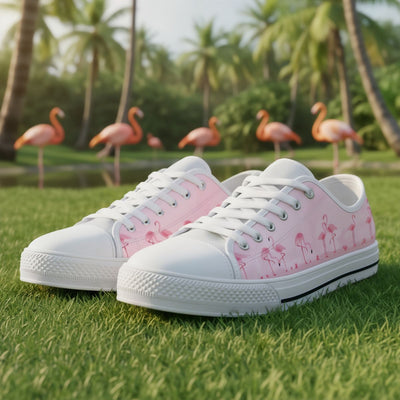 White sneakers with pink flamingo design on grass with flamingos in the background