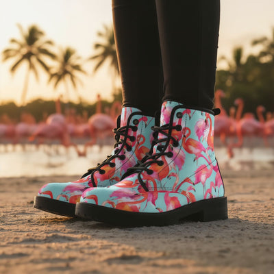 Colorful flamingo-patterned boots on a beach with pink flamingos in the background.