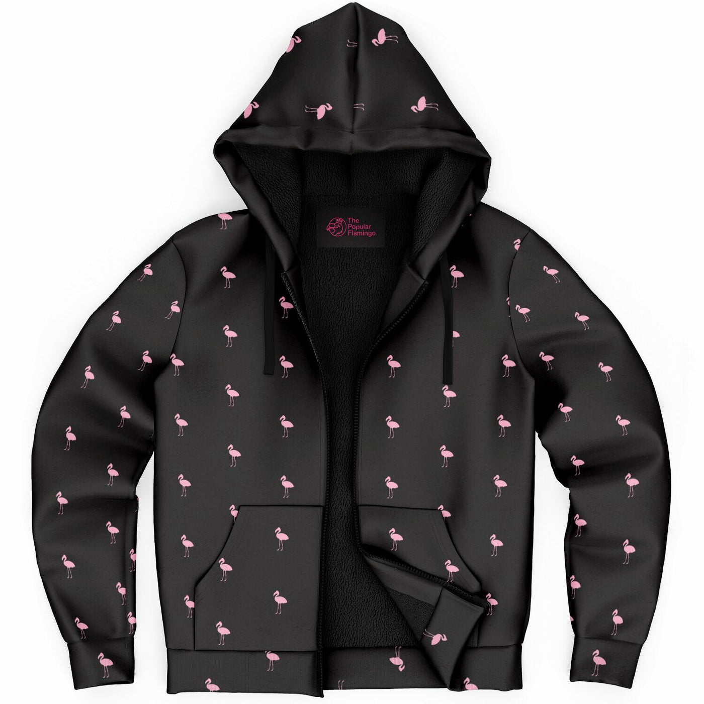 Black Classic Flamingo Zip-Up Hoodie