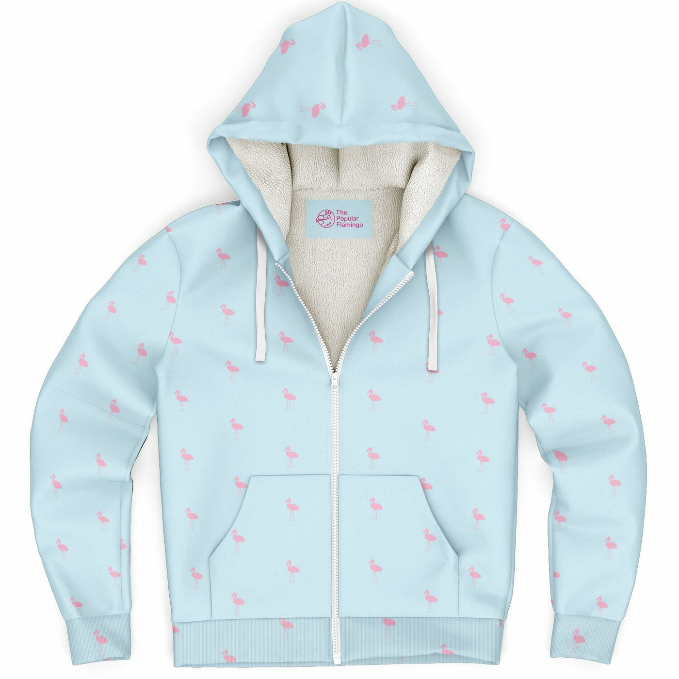 Light blue hoodie with pink flamingo pattern on a white background