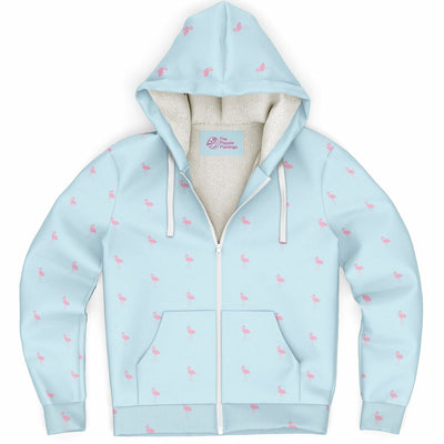 Light blue hoodie with pink flamingo pattern on a white background
