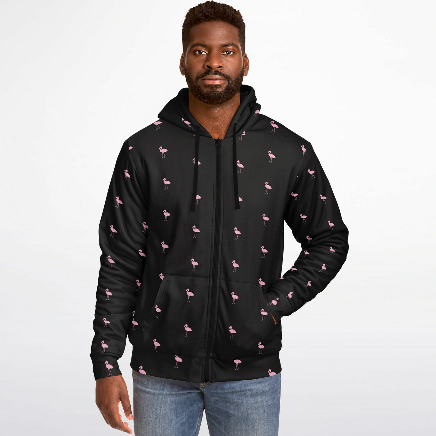 Black Classic Flamingo Zip-Up Hoodie