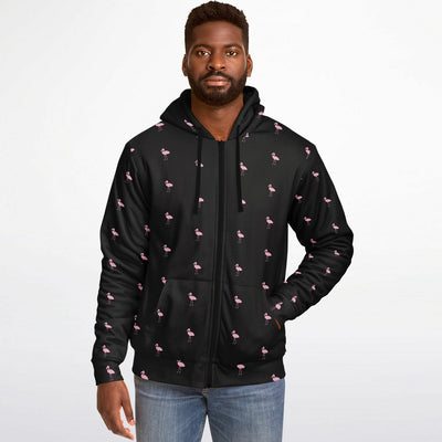 Black Classic Flamingo Zip-Up Hoodie