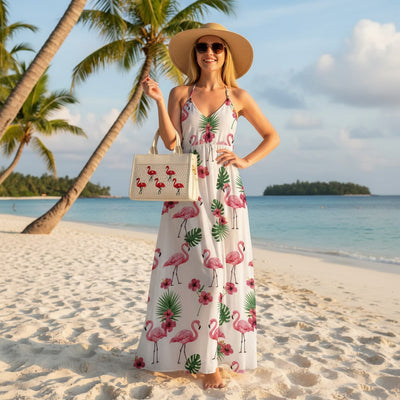 Woman in a floral dress and sun hat holding a flamingo bag on a tropical beach.