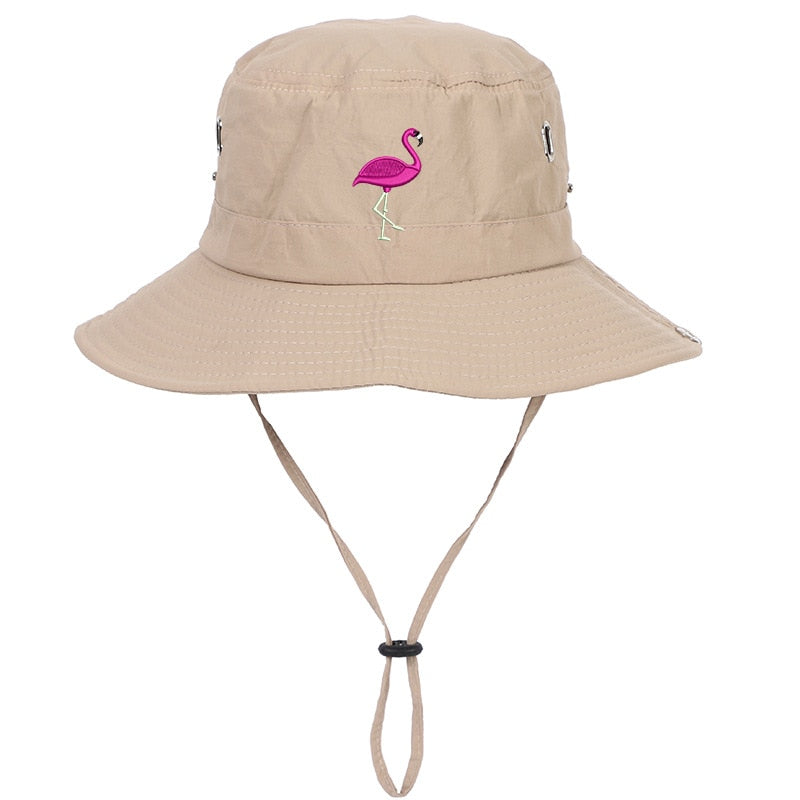khaki flamingo fishing bucket hat