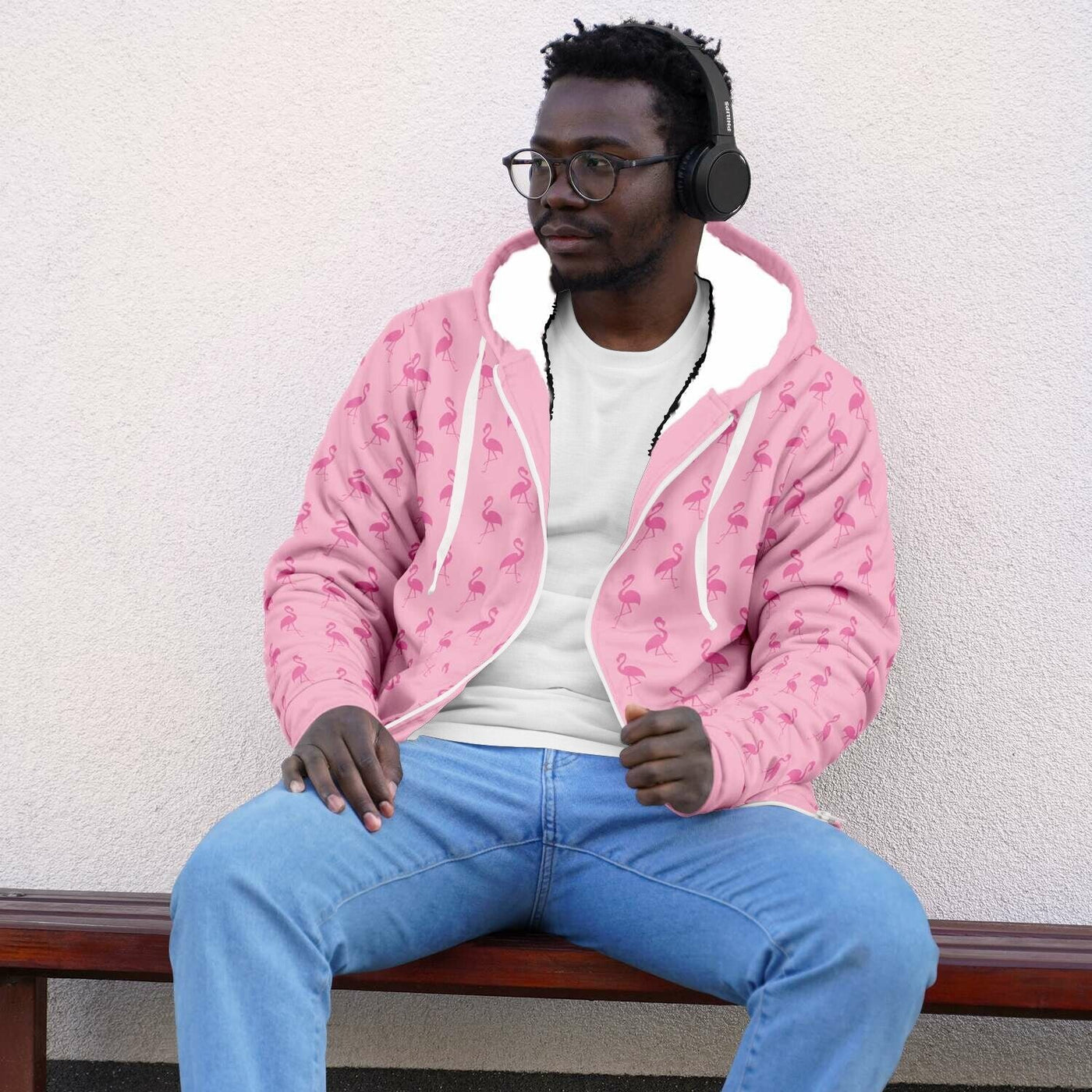 Simple Pink Flamingo Zip-Up Hoodie