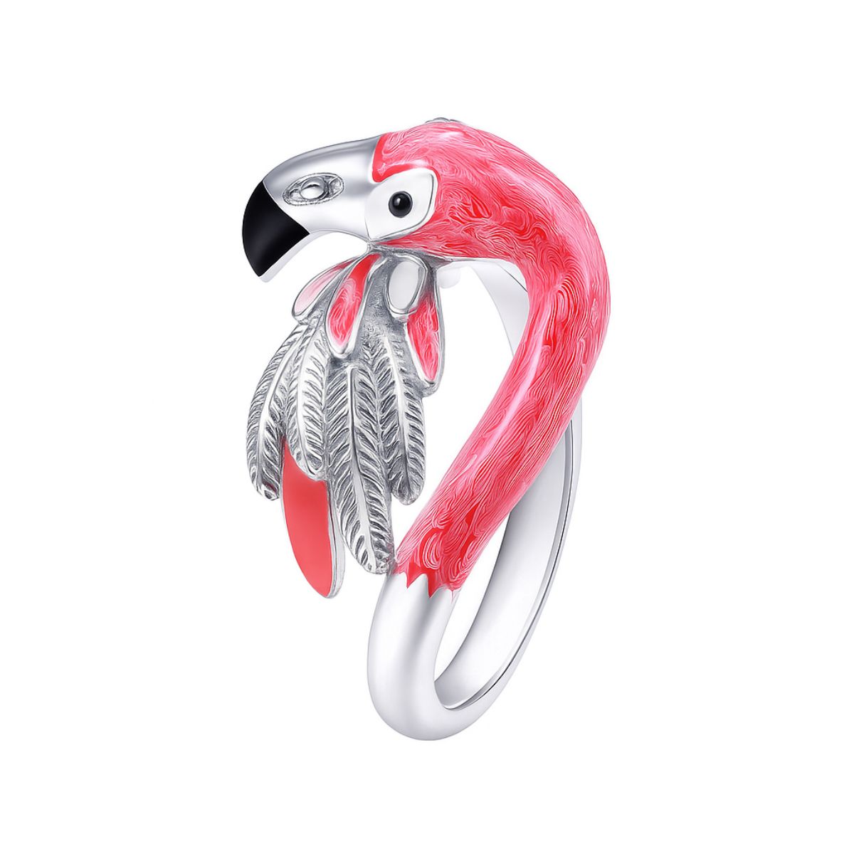Flamingo-shaped ring with pink and silver design on a white background