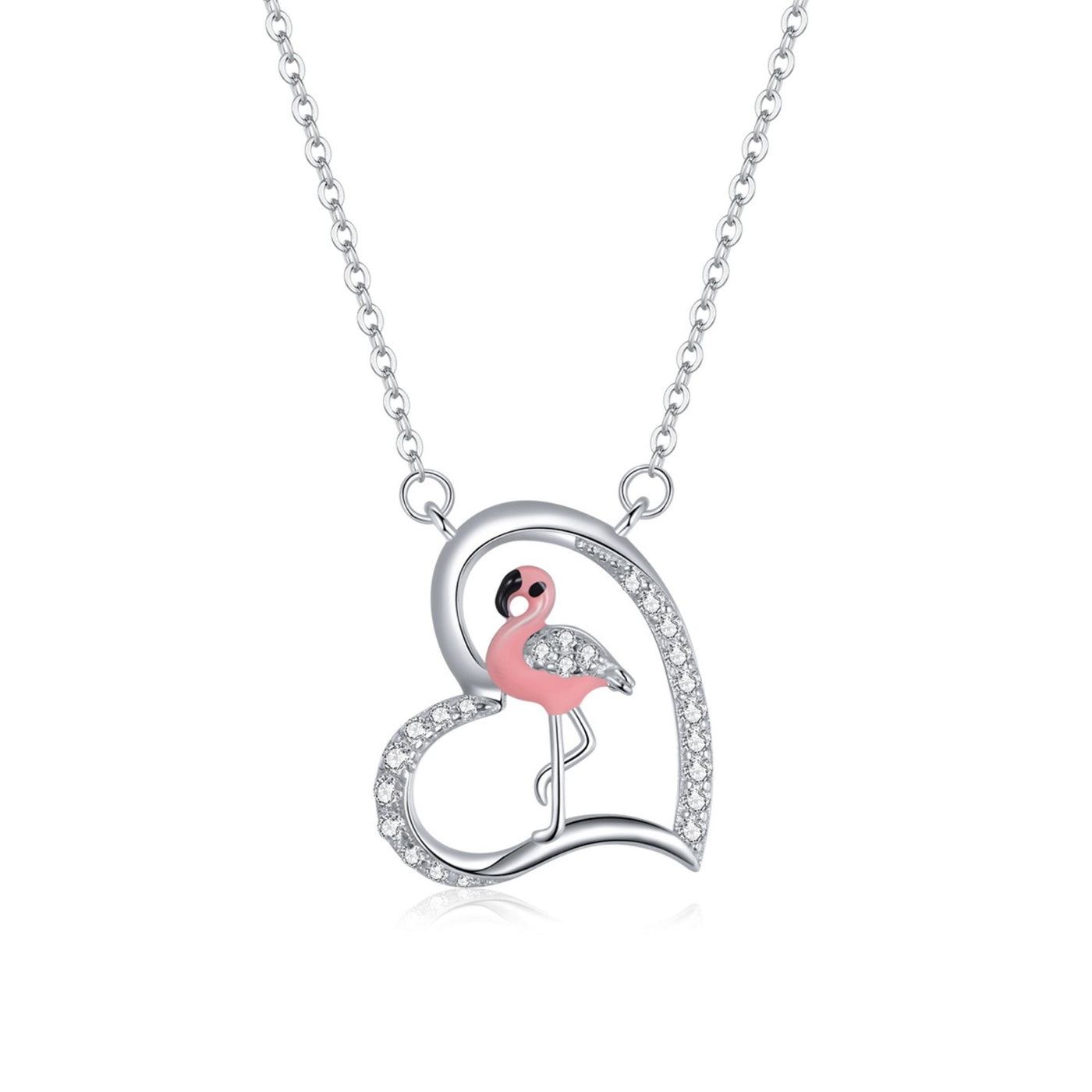 Necklace with a pink flamingo pendant on a white background