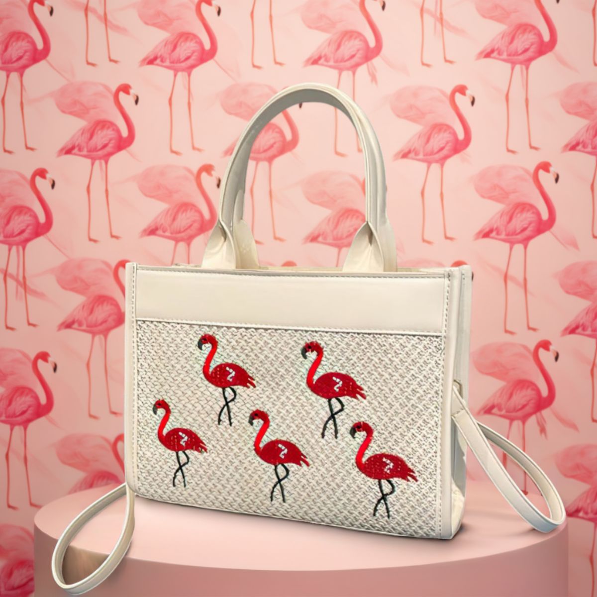 Handbag with flamingo design on a pink background with flamingo pattern