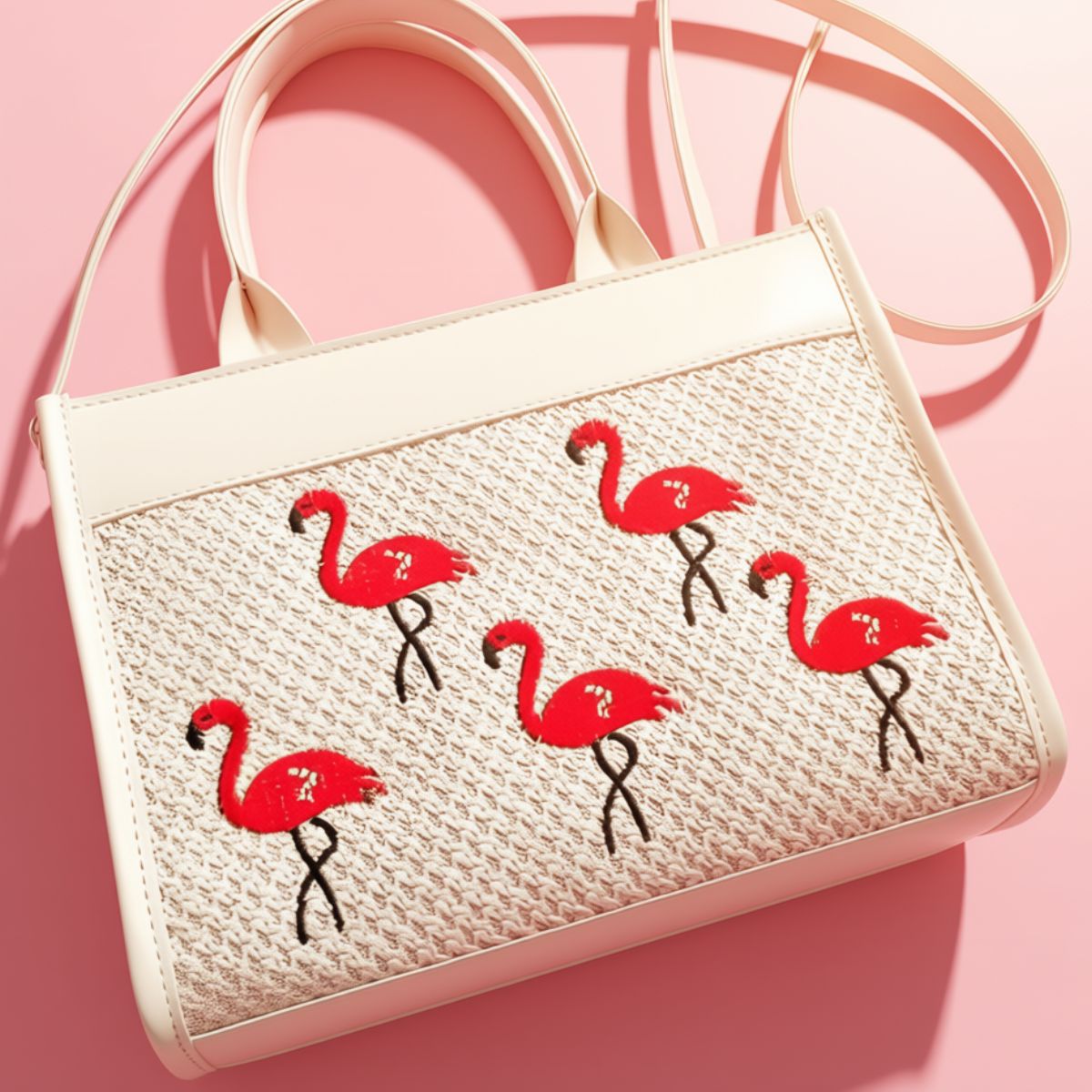 Handbag with flamingo designs on a pink background
