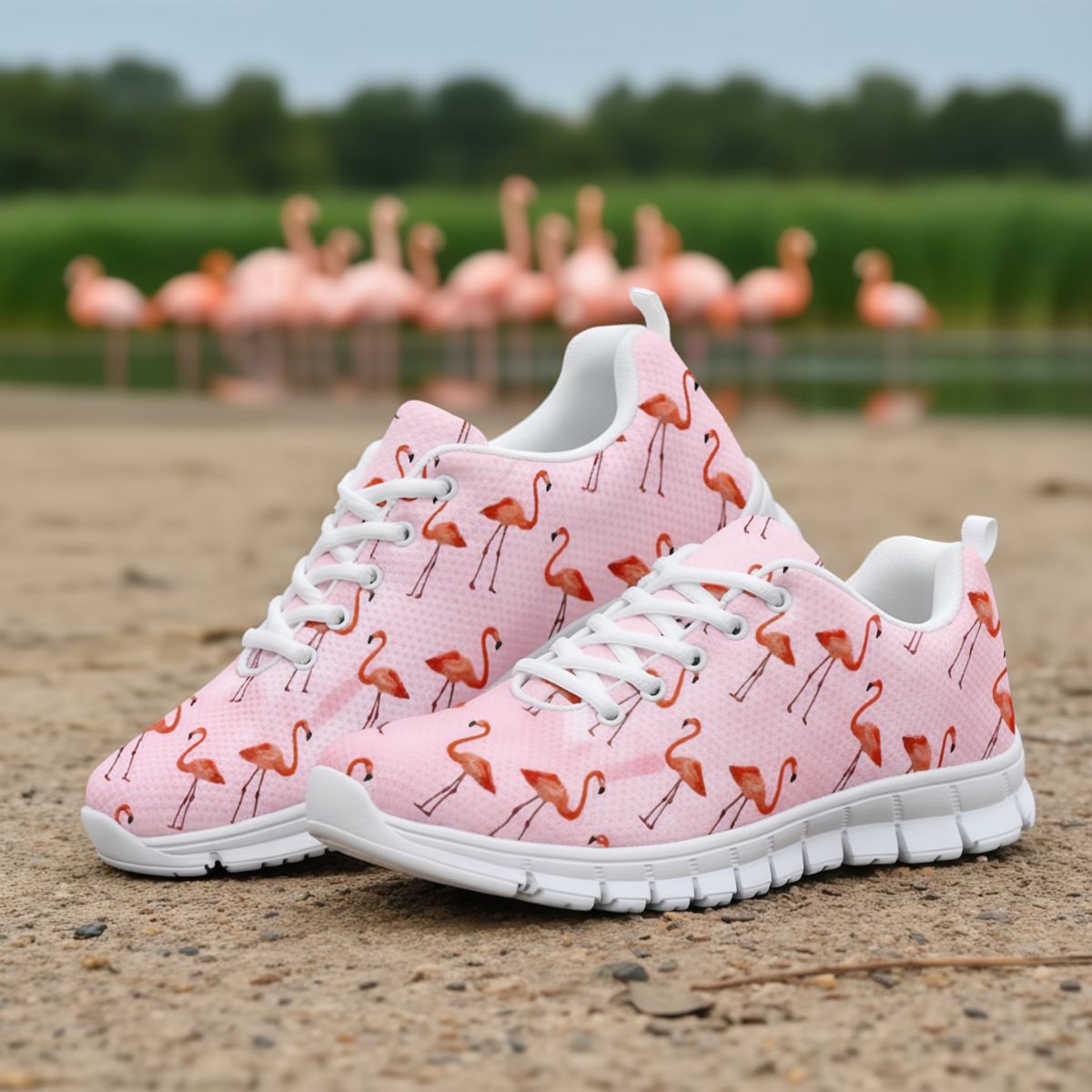 Pink flamingo-patterned sneakers with white soles on a natural background