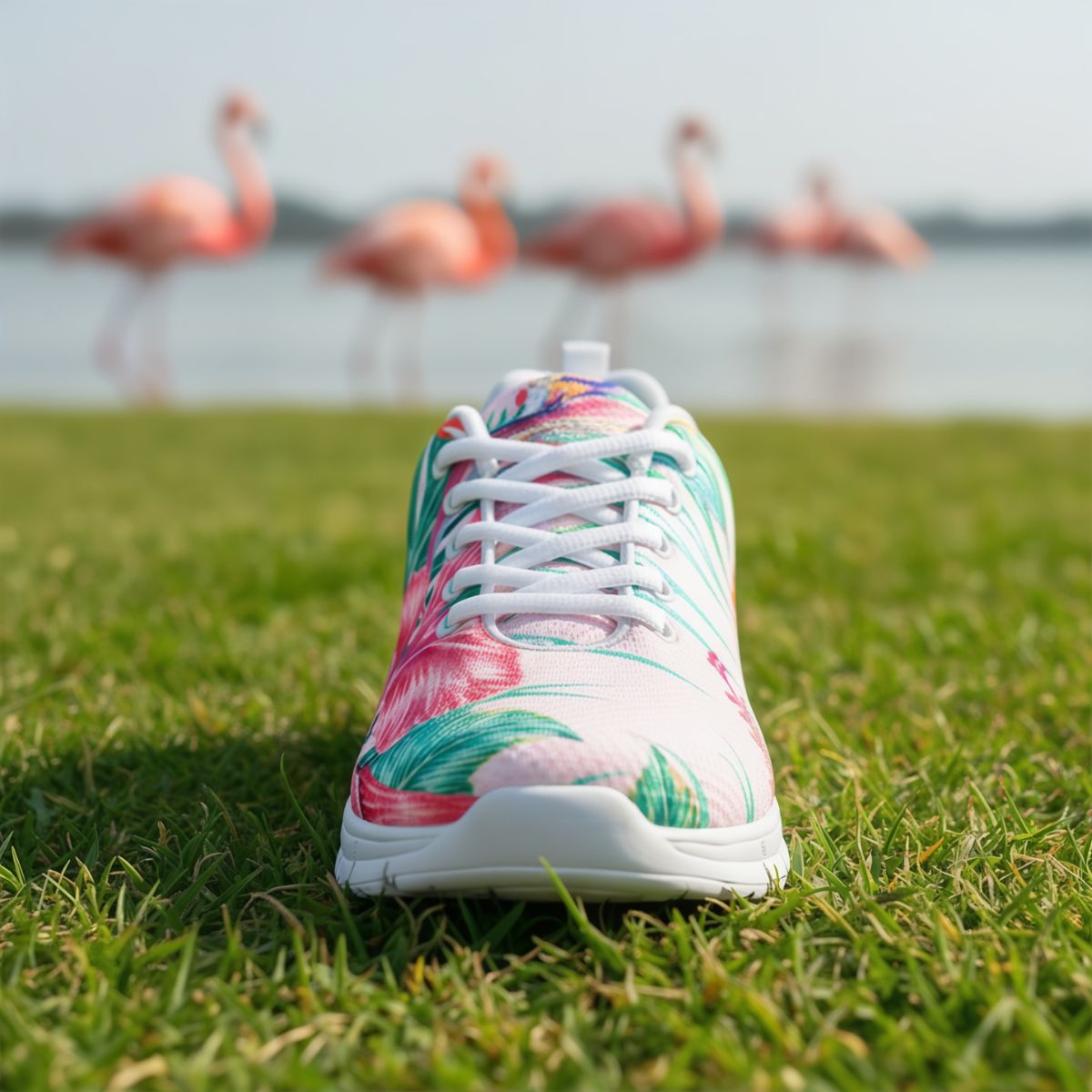 Floral-patterned sneaker on grass with flamingos in the background