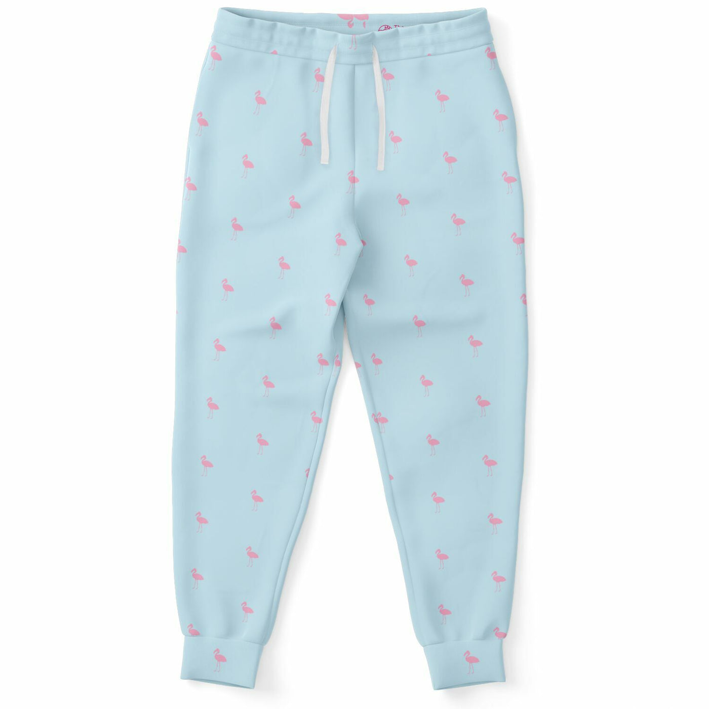 Light blue sweatpants with pink flamingo pattern on a white background