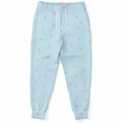 Light blue sweatpants with pink flamingo pattern on a white background