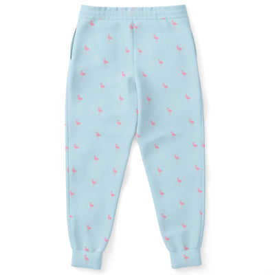 Light blue pajama pants with pink flamingo pattern on a white background