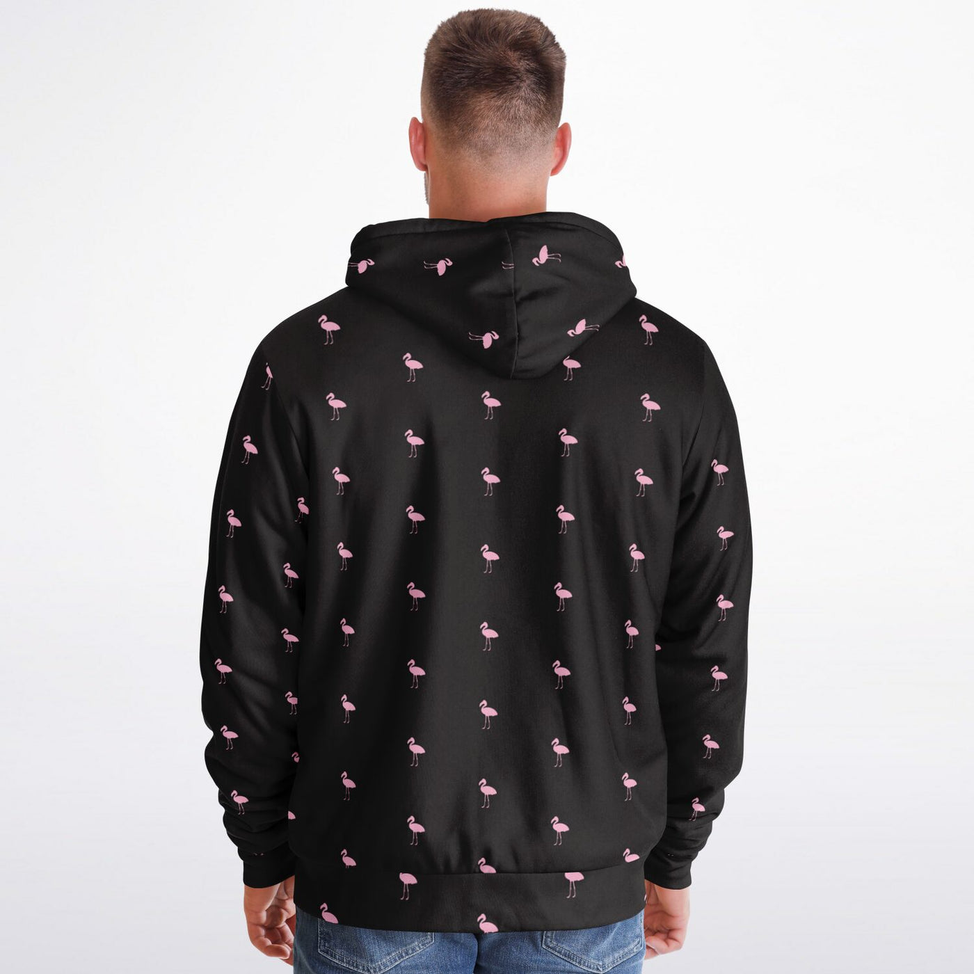 Black Classic Flamingo Zip-Up Hoodie