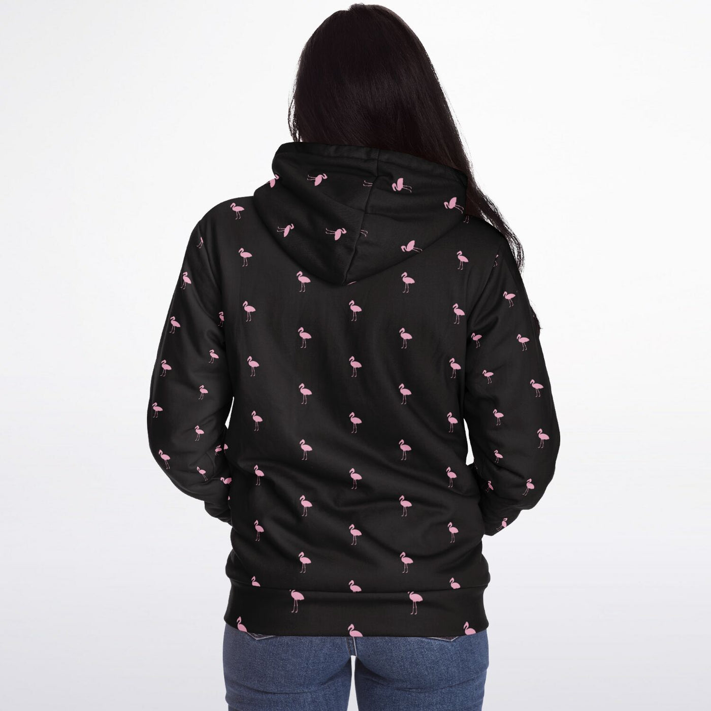 Black Classic Flamingo Zip-Up Hoodie