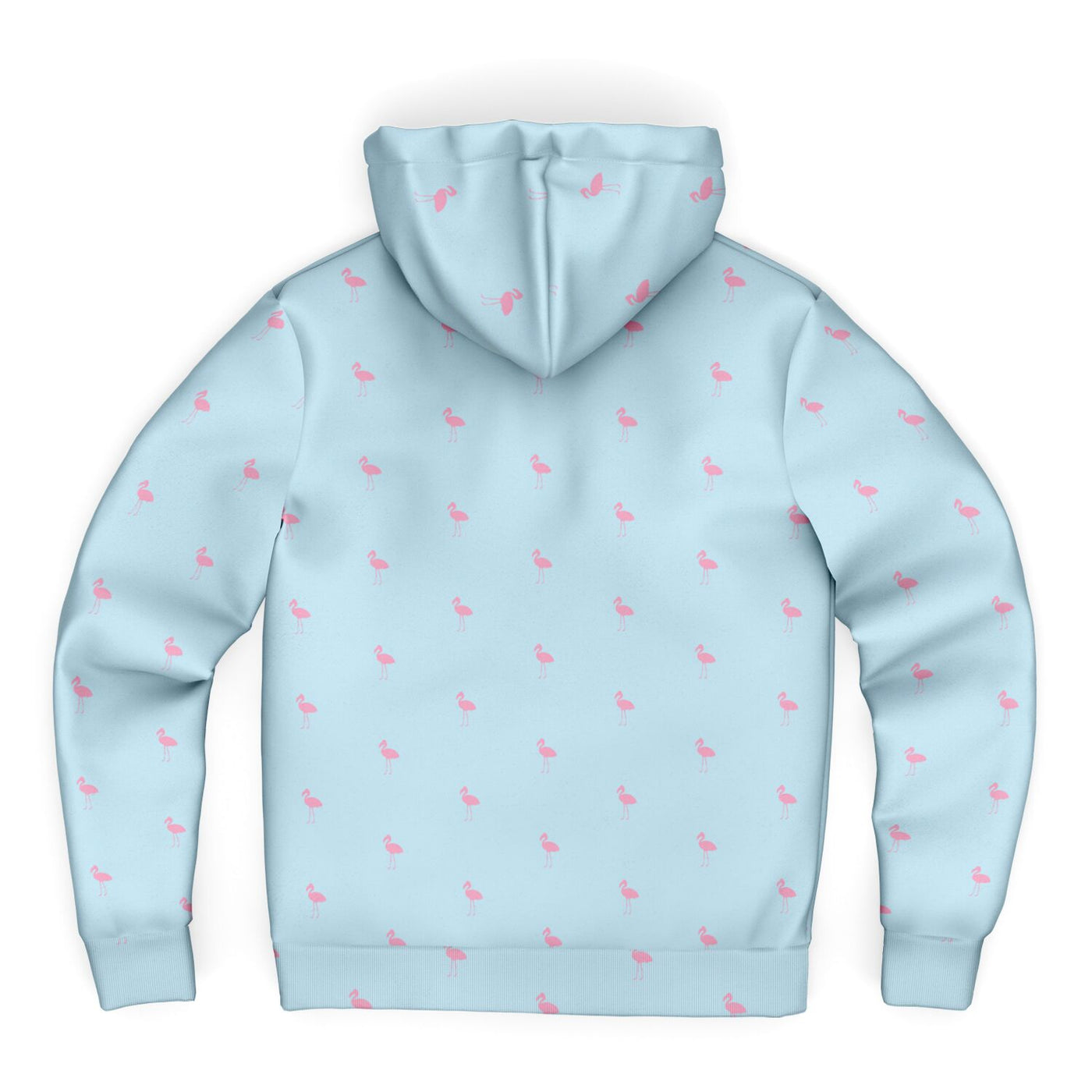 Light blue hoodie with pink flamingo pattern on a white background