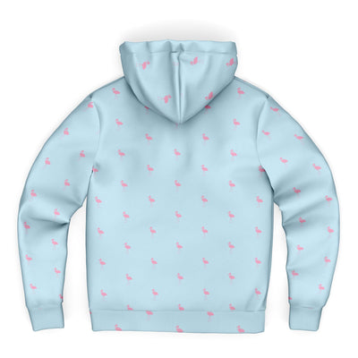 Light blue hoodie with pink flamingo pattern on a white background