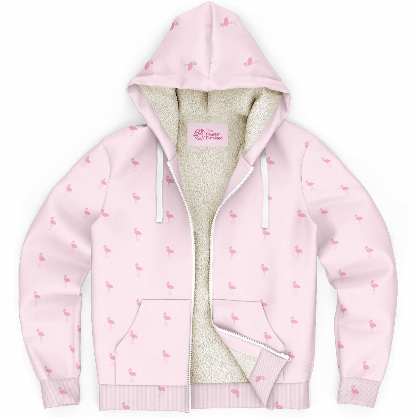 Pink hoodie with flamingo pattern on a white background