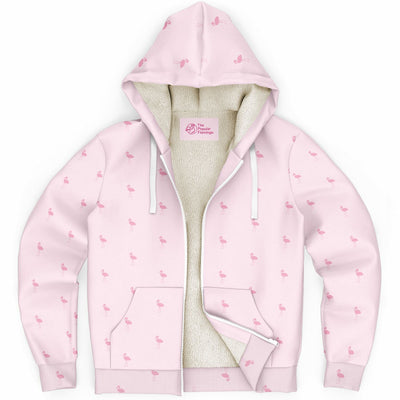 Pink hoodie with flamingo pattern on a white background