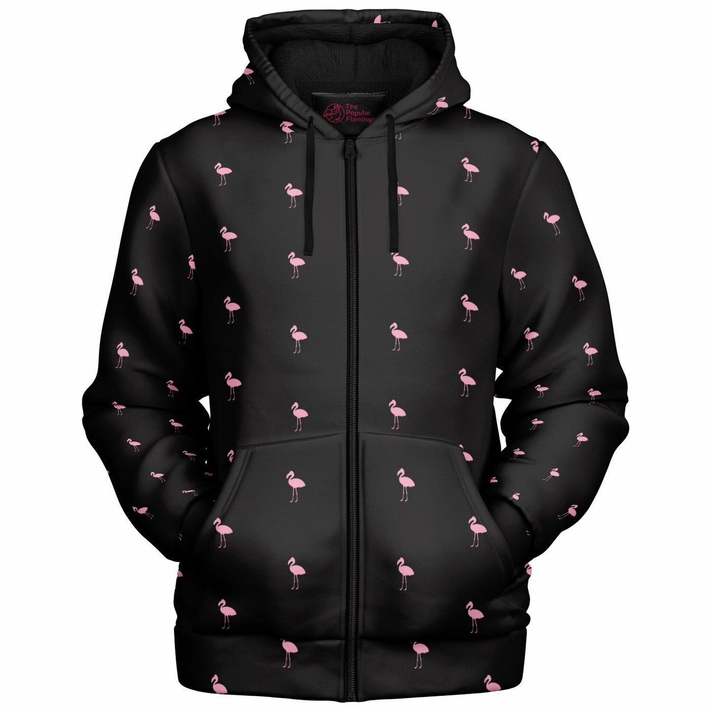 Black Classic Flamingo Zip-Up Hoodie