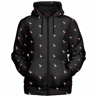 Black Classic Flamingo Zip-Up Hoodie