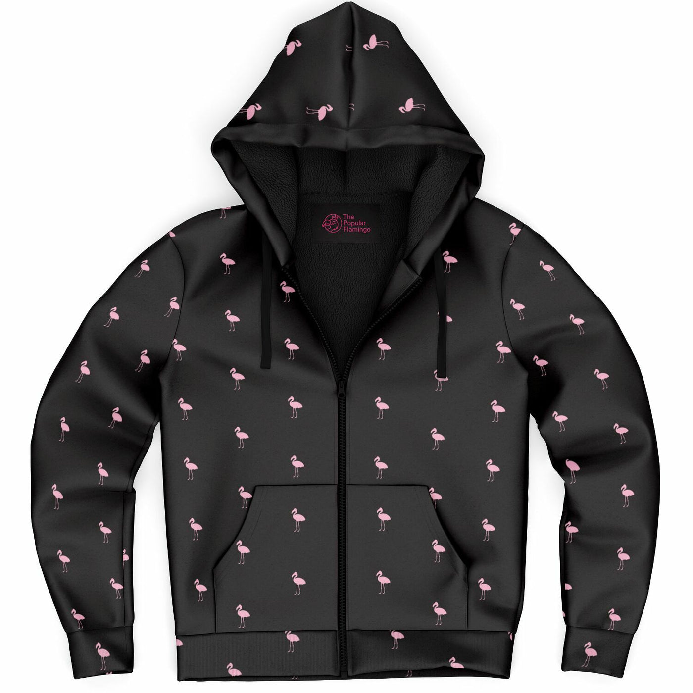 Black Classic Flamingo Zip-Up Hoodie