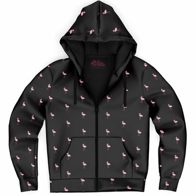 Black Classic Flamingo Zip-Up Hoodie
